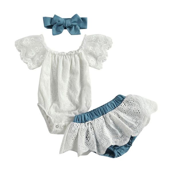 

clothing sets 2021 summer baby girl solid color born kids girls outfits clothes lace romper bodysuit+ shorts, White