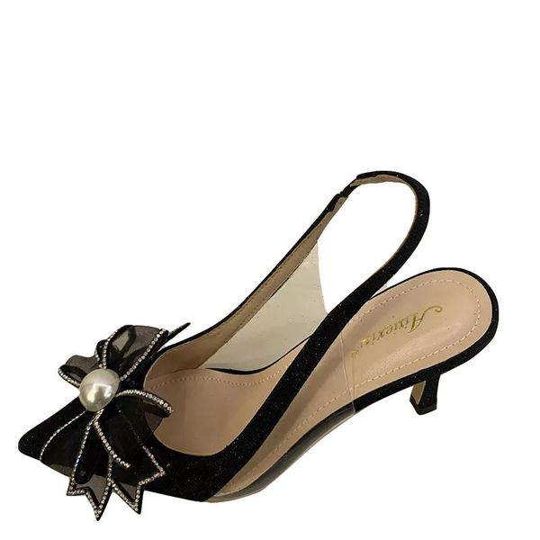 

dress shoes 2021 bow stiletto stilettos pointed toe fashion sequins rhinestone banquet high heels, Black