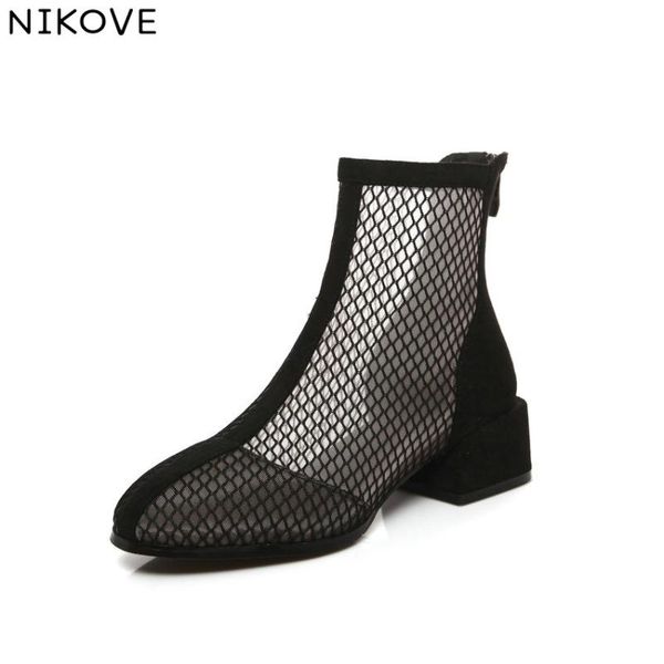 

boots nikove 2021 western style women summer shoes mesh square low heel zipper black ankle classic woman size 34-43