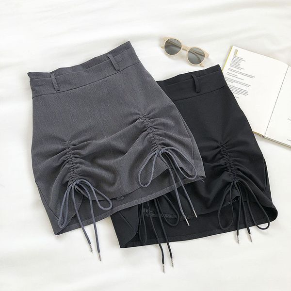 

2021summer women a-line skirt korean empire solid office lady cute above knee a-line high waist mini skirts dstring belt, Black