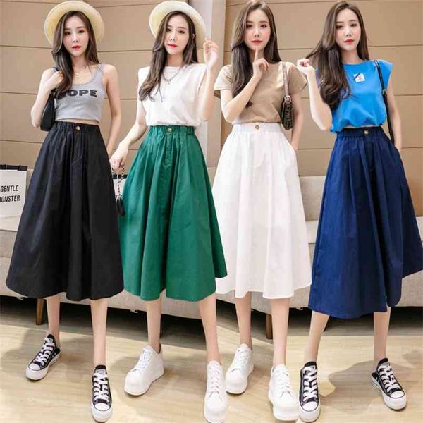 

arrival summer college style women loose casual elastic waist mid-calf skirt all-matched cotton a-line skirts w345 210512, Black