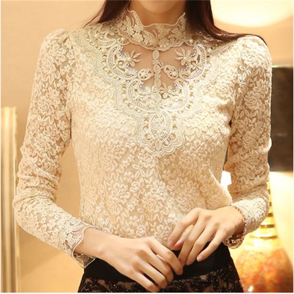 

women embroidery lace blouse feminine stand neck long sleeve shirt plus size 3xl 220312, White
