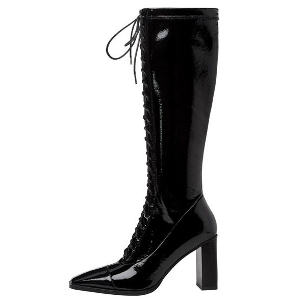 

boots dovereiss fashion women's shoes winter elegant cross lacing square head chunky heels knee high concise mature, Black