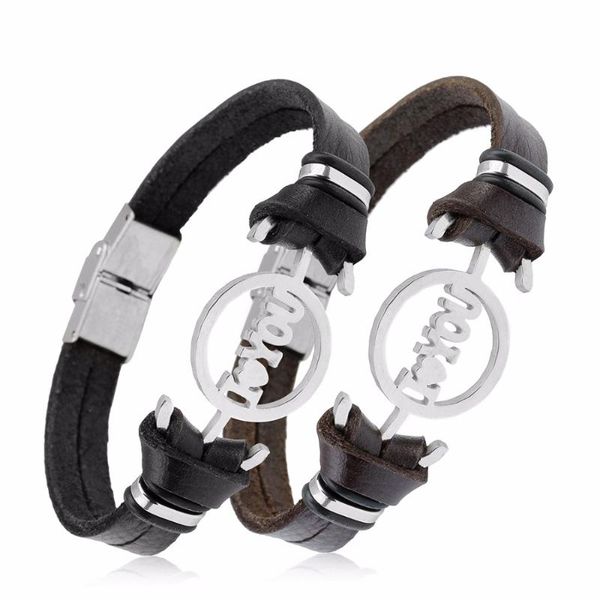 

charm bracelets louleur arrival black 100% genuine leather bracelet men women 316l stainless steel i love you bangles, Golden;silver