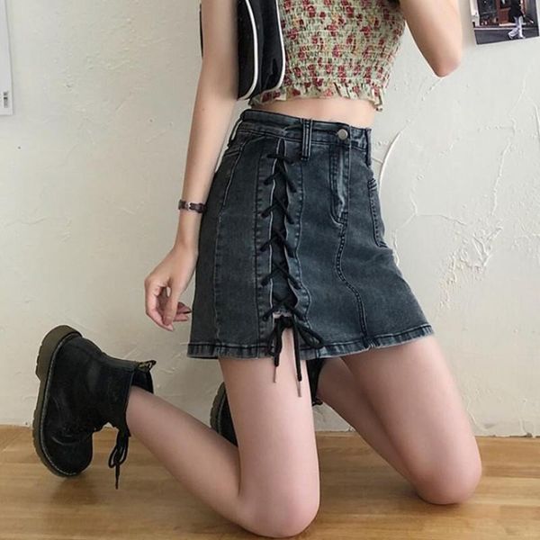 

skirts 2021 summer high waist criss-cross bandage jeans skirt women fashion tight stretch mini denim culottes plus size 5xl f08, Black