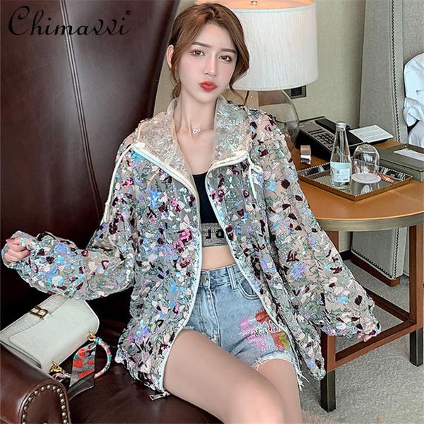 

women's jackets 2021 summer sequined sun protection shirt for women plus size loose blingbling coat female long sleeve zipper jacket, Black;brown