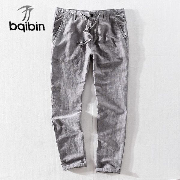 

brand italy style long pants men linen gray striped trousers mens leisure loose elastic waist male 40 pantalones men's, Black