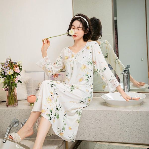 

women's sleepwear spring full sleeve v-neck lady nightgown lace patchwork bandage butterfly nightdress sweet flower trim sleepshirt hom, Black;red
