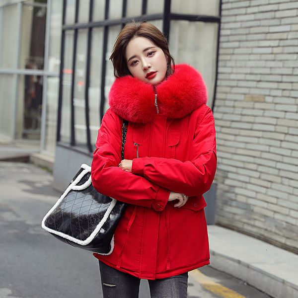 

down winter loose short parkas women korean style pockets with fur collar woollen lining female cotton jackets, Black