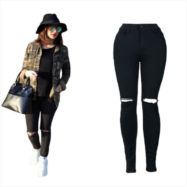

ladies black pants style cotton street fashion ripped high waist casual slim stretch jeans trendy wild work overalls leggings women's, Blue