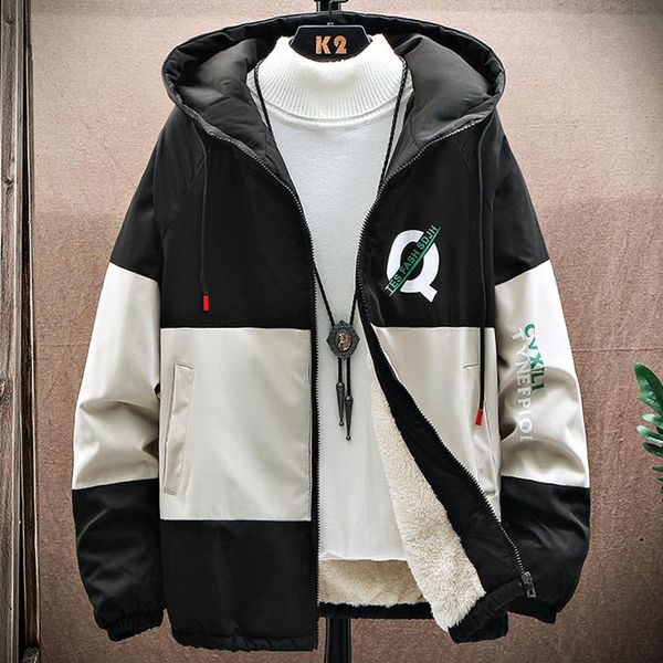 

men's down & parkas 2021 winter patchwork jacket men plus velvet warm parka fashion man hooded waterproof coat thick windbreaker size 4, Black
