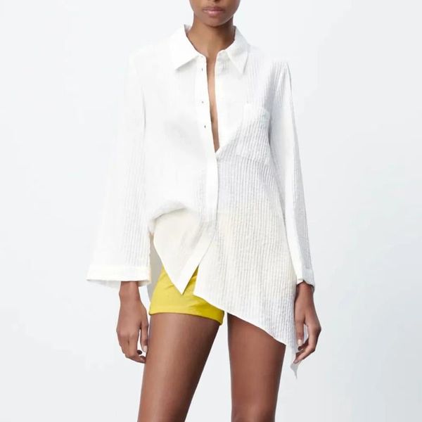 

women's blouses & shirts women 2021 fashion loose turn down collar asymmetry white vintage long sleeve button-up female chic