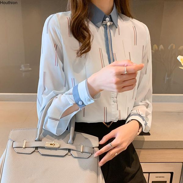 

women's blouses & shirts houthion chiffon fashion shirt long sleeve summer buttons full button blusas loose striped blouse, White