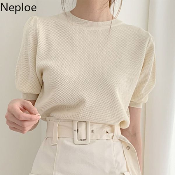 

neploe women t shirt o neck fashion knit pullovers tees short sleeve all match vintage solid simple loose elegant shirt 210422, White