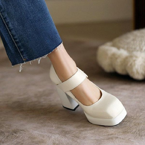 

zawsthia chic charm big buckle strap lady office pumps white red square toe platform block high heels women mary janes size 47 dress shoes, Black