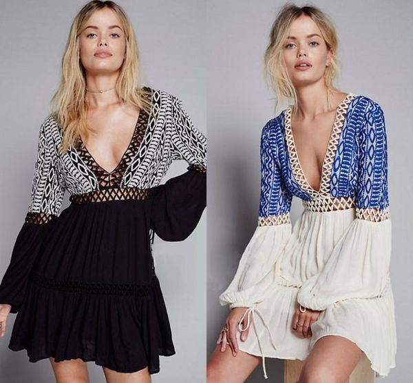 

casual dresses bohemian style deep v-neck hollow-out beautiful abstract pattern embroidery short dress 2021 women's elegant boutique, Black;gray