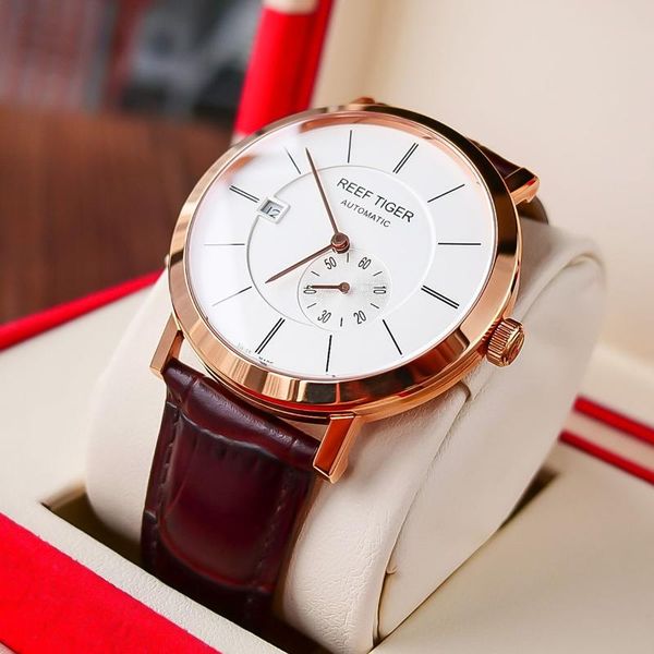 

reef tiger/rt ultra thin rose gold watches for men business automatic watch with date calfskin leather waterproof rga161 wristwatches, Slivery;brown