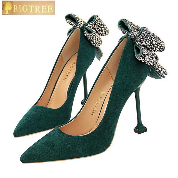 

dress shoes fashion women pumps 9.5cm thin high heel suede shallow mouth pointed nightclub after the rhinestone bow tie women's, Black