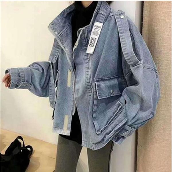 

women's jackets basic coat denim jacket women streetwear loose vintage jean 2021 spring autumn big pockets stand neck bomber, Black;brown