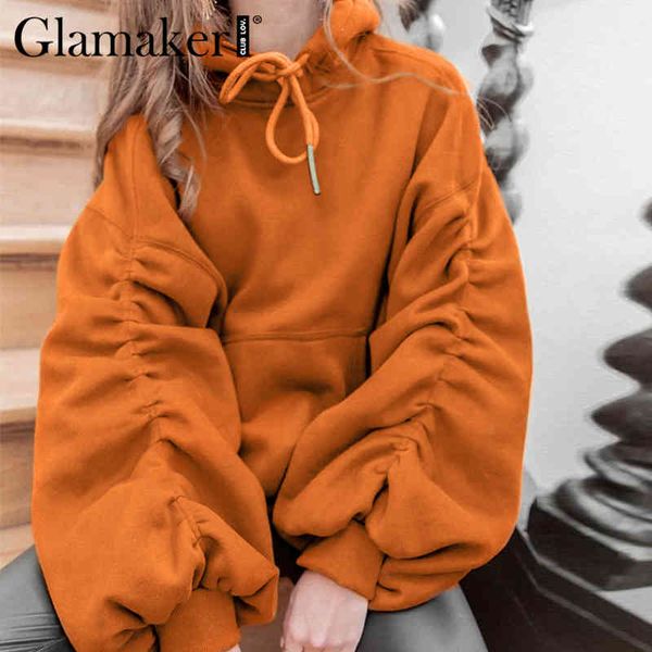 

glamaker causal pumpkin autumn winter women hoodies long sleeve drawstring female hoodies fashion knitted short hoodies 210412, Black