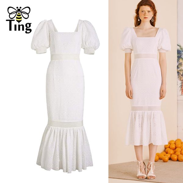 

runway design vintage square collar flower eyelets cut out mermaid midi dress party dresses white vestidos aesthetic za 210513, Black;gray