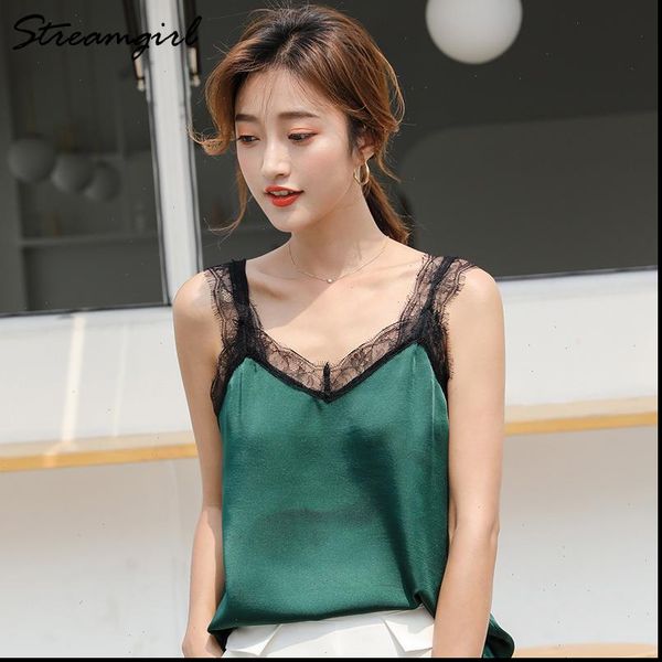 

lace camisole femme womens cami summer silk satin with v neck, White