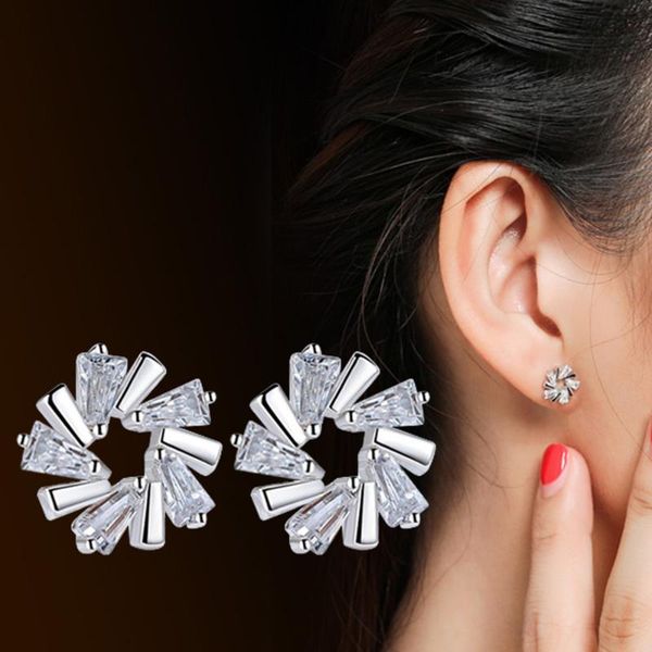 

simple crystal flower love trapezoidal zircon white copper silver-plated earrings female irregular stud, Golden;silver