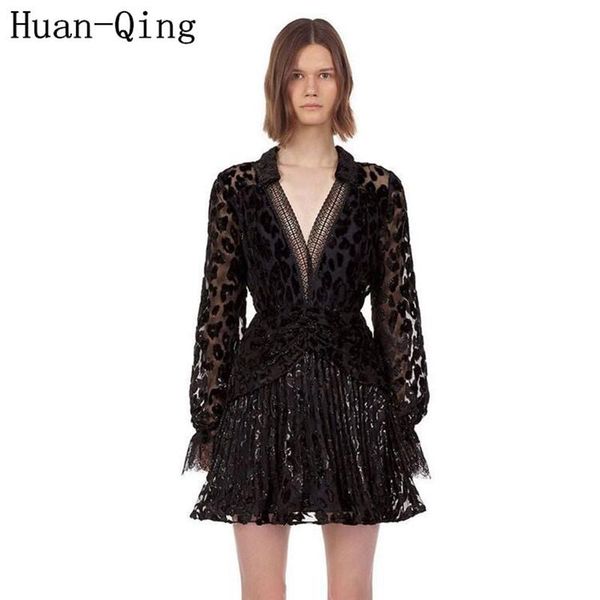 

casual dresses self portrait black lace patchwork leopard velvet dress autumn women v-neck ruffles elegant party pleated vestidos, Black;gray