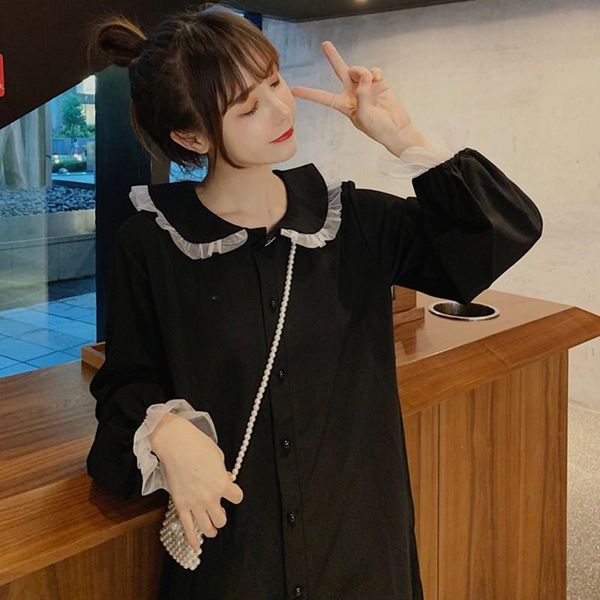 

casual dresses korean style mid-calf autumn winter fashion women dress black ruffles decoration sweet long-sleeved, Black;gray