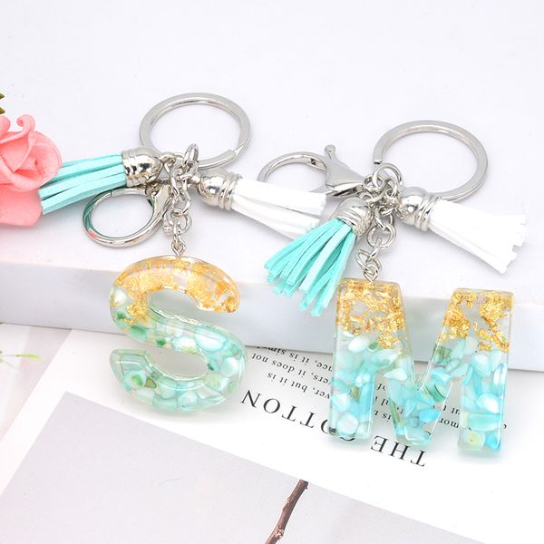 

letter a-z keychains cute gold green resin tassel key rings chains alphabet pendant keyring holder car women charm bag gifts, Slivery;golden