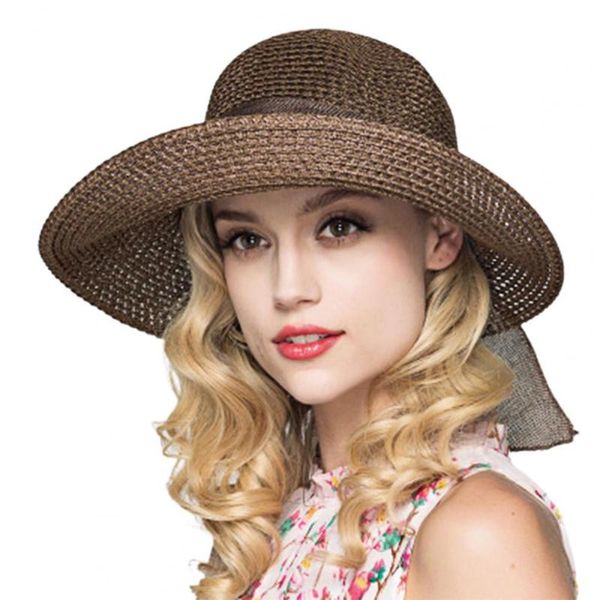

wide brim hats stylish summer sun hat foldable sunscreen breathable cap bow solid color straw fashion accessory, Blue;gray