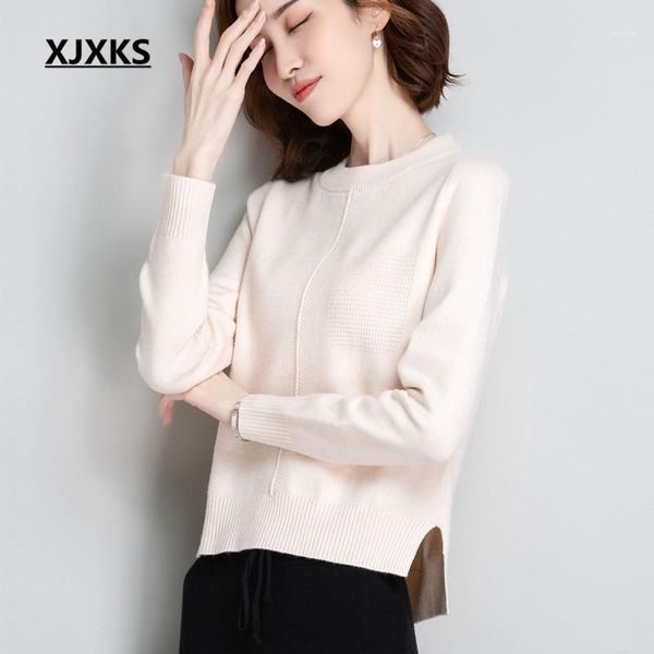 

women's sweaters xjxks pure color all-match round neck long sleeve women wool sweater 2021 autumn winter knitted pullover, White;black
