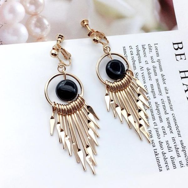 

clip-on & screw back vintage bohemia big earrings statement ear clip on round geometric long tassel clips no pierced, Silver