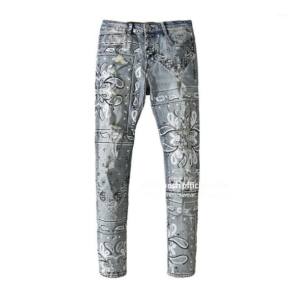 Jeans da uomo Firmranch stampa paisley blu per uomo/donna Ins High Street pantaloni in denim a matita rotta pantaloni da moto slim