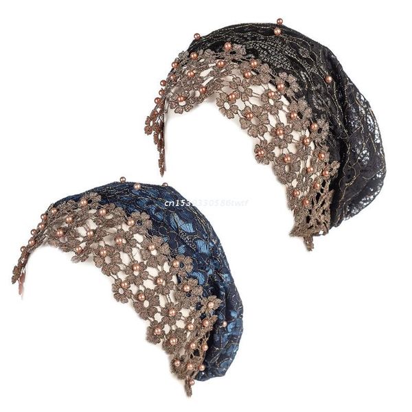

beanies women muslim mesh stretch hijab turban embroidery floral lace beanie headwrap imitation pearl beaded bonnet hair dropship