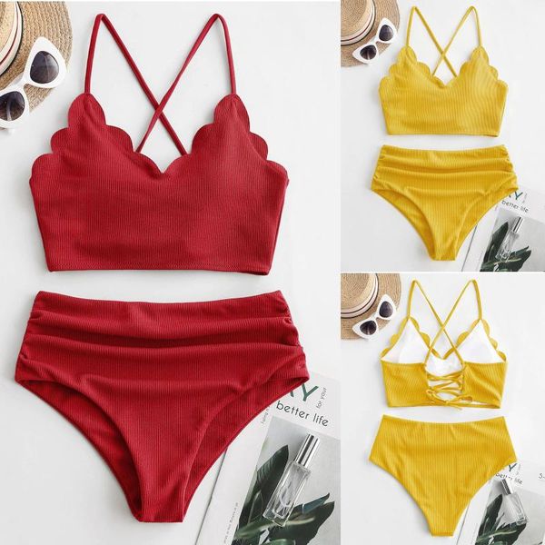 

women's swimwear bikini 2021 summer women crisscross back solid high waist rib set two piece swimsuit female brazilian biquini, White;black