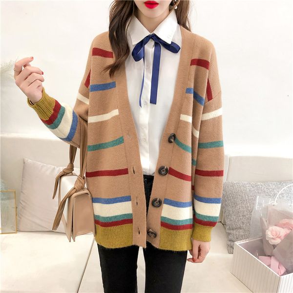 

women's sweaters loose striped coat harajuku cardigan new autumn thick and versatile qm* c2mm, White;black
