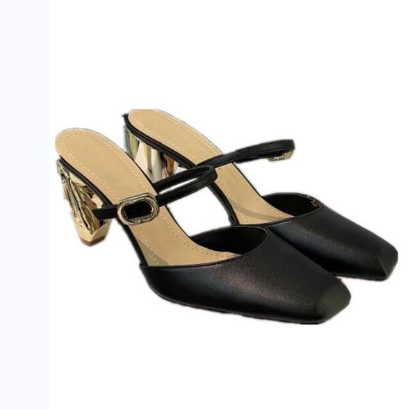 

fashion trendy master brand sandals with buckle front head chunky heel gold formal wear casual banquet, Black