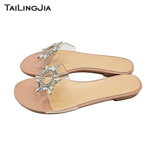 

sandals transparent clear pvc flat 2021 crystal summer shoes ladies large size round toe mules flats casual slippers, Black