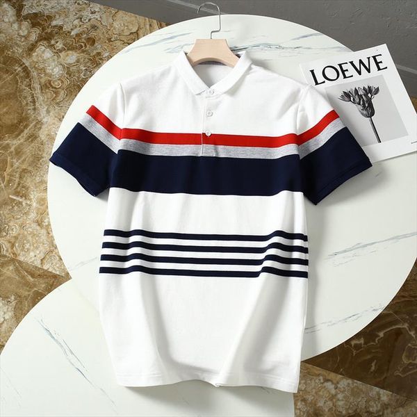 

shirt short sleeve lapel mens polo business casual striped color matching huin1, White;black