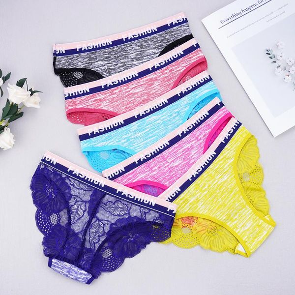

women's panties 6 pcs lots cute underwear women loli mini cotton lingerie femme wholesale bulk flower hollowed out solid color, Black;pink
