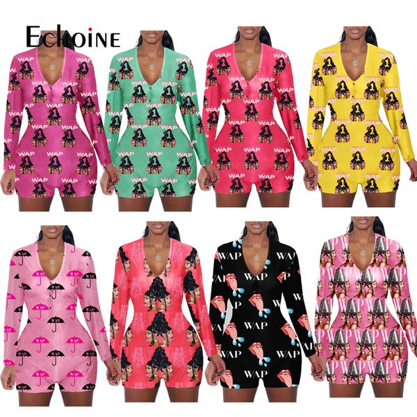 

echoine 2021 womens jumpsuit sleepwear fashion wap print long sleeve v neck bodycon onesies bodysuit romper shorts pants, Black;white