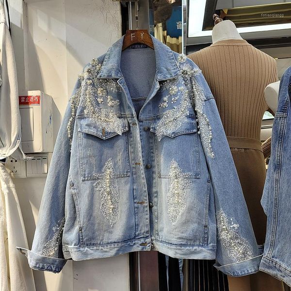 

spring vintage beaded sequin 3d flowers loose big pockets denim jacket women long sleeve casual harajuku jeans streetwear women's jacke, Black;brown