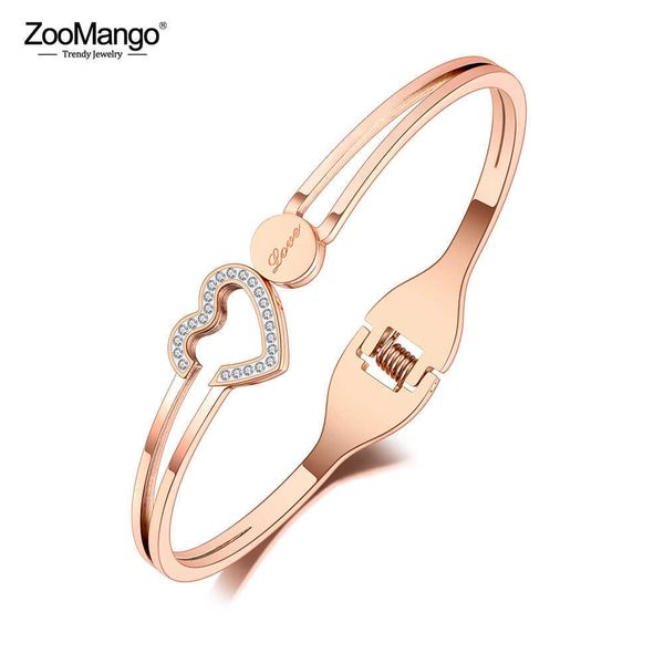 

zoomango trendy rhinestone love heart cuff bangles for women rose gold cubic zirconia titanium stainless steel bracelets zb4 q0717, Black