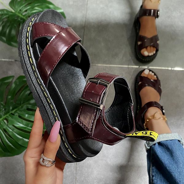 

summer platform sandals ladies wedges comfortable flat shoes slip-toe non-slip buckle solid for women, Black
