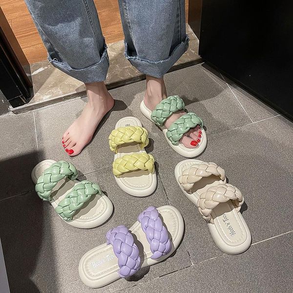 

slippers vintage weave women 2021 summer roman shoes mules flats platform fashion brand leather braided, Black