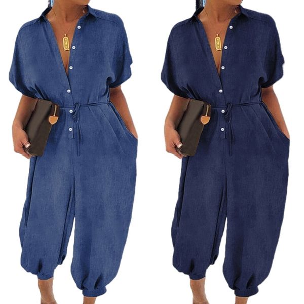 

women spring autumn short sleeve thin denim jumpsuits and rompers ladies solid casual wide leg loose jeans playsuits, Black;white