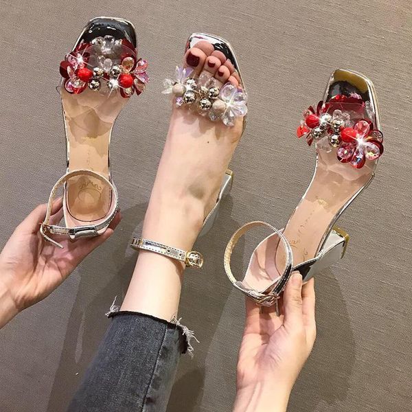 

sandals one word buckle rhinestone flower ladies roman summer elegant fashion transparent square heel high-heel casual shoes., Black