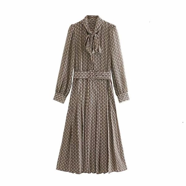 

casual dresses women vintage v neck geometric printing hem pleated midi dress female long sleeve bow tie vestidos chic belt ds2981, Black;gray