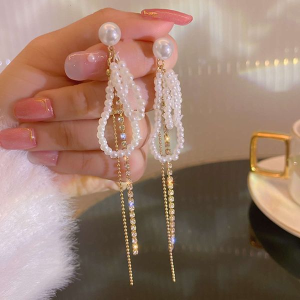 

s925 silver needle long pearl tassel earrings for women, Black
